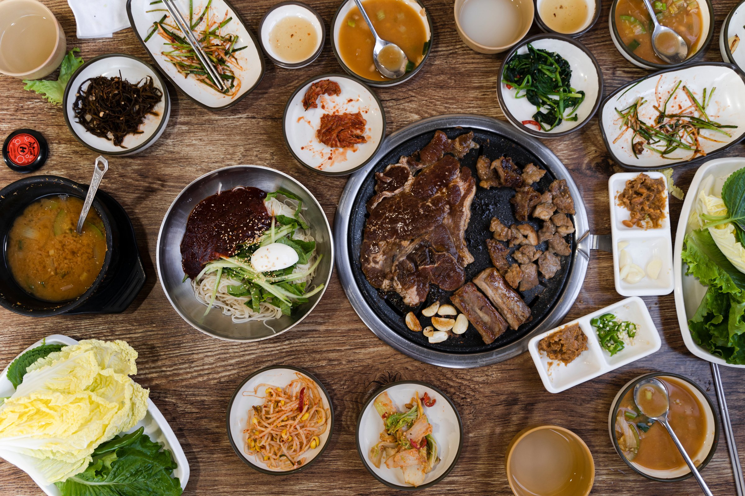 Korean Barbecue with Side Dishes and Stew